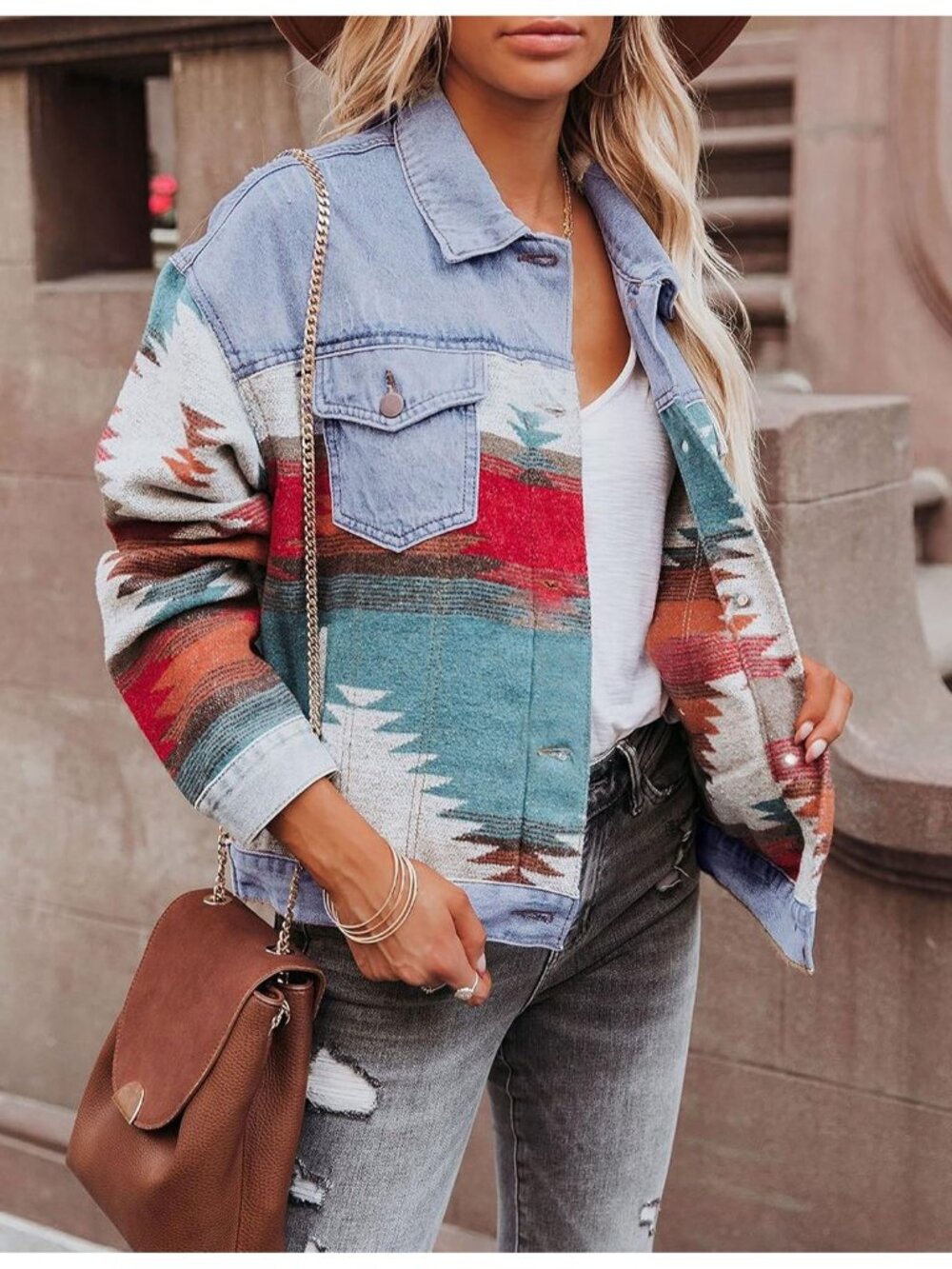 〽️Light Blue Women's Aztec Denim Shacket Vintage Distressed Jacket